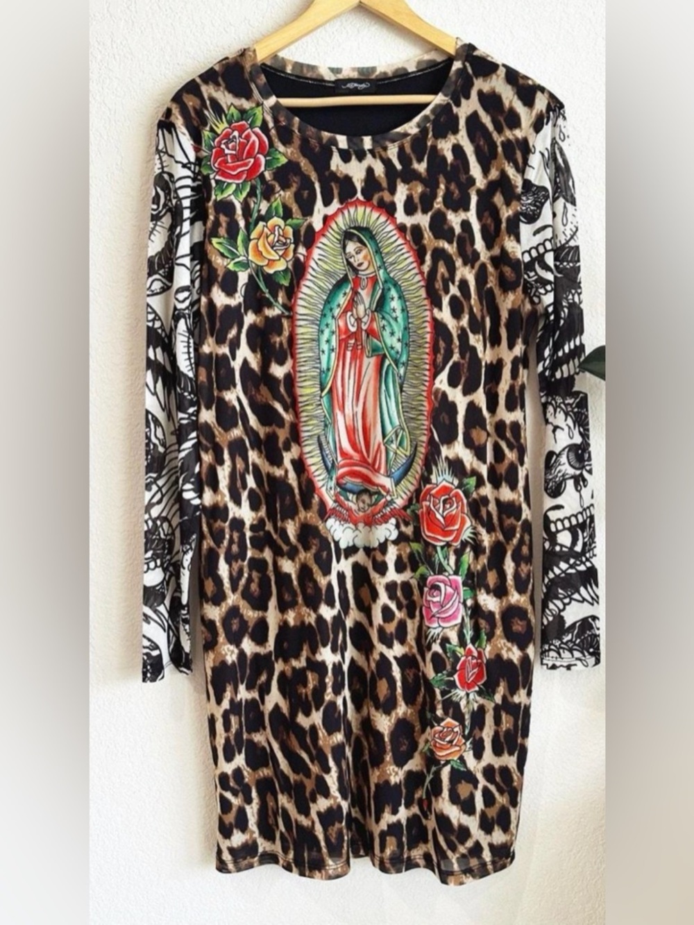 Ed Hardy Leopard Print Tunic Dress with Floral & Virgin Mary Graphic